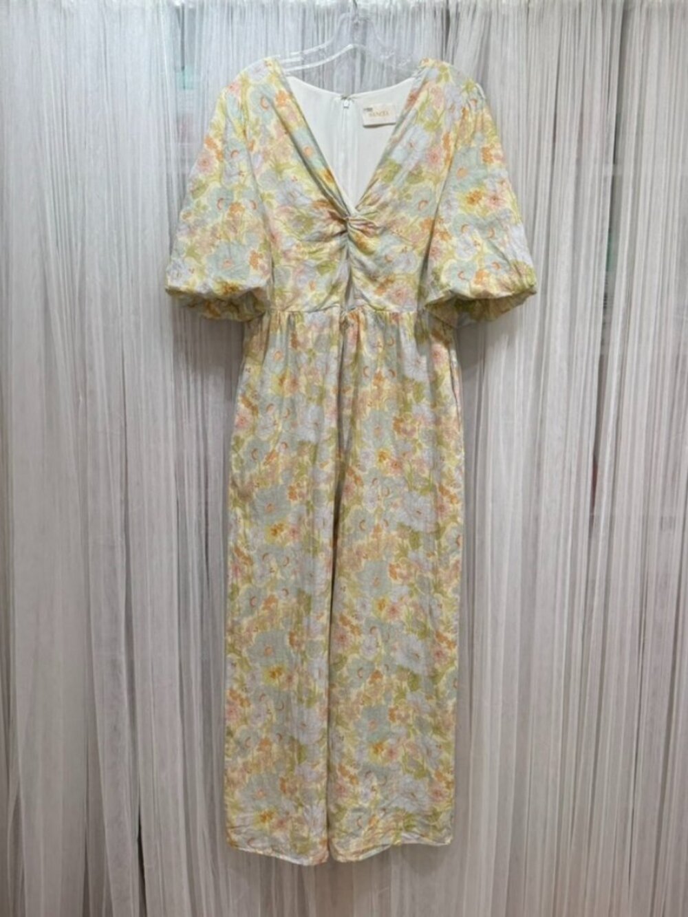 SANCIA Women's Lg Floral Linen Jumpsuit Wide Leg Puff Sleeve Twist Front Cutout